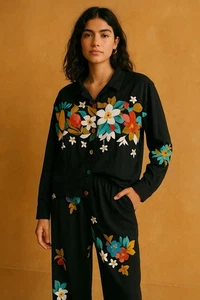 Neu mit Etikett Vintage Carole Little Black Fruit Art Knopf Bomberjacke Gaze Hose 10/12 - Bild 1 von 9