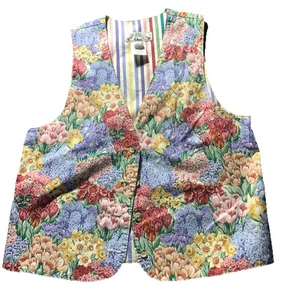 Orvis Vest Womens Size Medium Floral Stripe Made In USA Vintage Garden Pastel - Picture 1 of 7