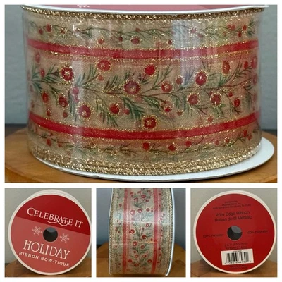 VTG Celebrate It Wired Christmas Ribbon Glitter Gold Red Berries Holly Green NEW - Image 1 of 4