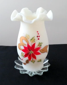 Fenton Poinsettia Hurricane Lamp Candle Base HP Signed Exc Condition 1990's - Picture 1 of 15