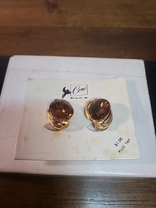 Vintage Coro Amber Colored Rhinestone Clip On Earrings Original Card - Picture 1 of 9