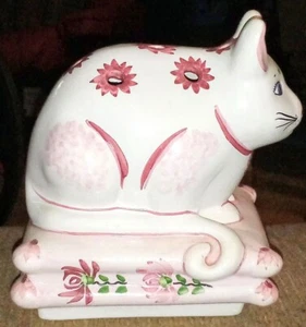 Hand Painted Pink Cat Flower Frog-Portugal Signed & Numbered Excellent Condition - Picture 1 of 7
