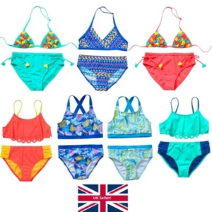 Girls Bikini Swim Sets Two Piece Cropped Triangle Rainbow Stripe Summer Holiday - Picture 1 of 21