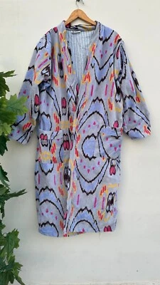 Indian Grey Kimono Ikat Velvet Kimono Robe Night Gown Bridal Night Suits US - Image 1 of 4