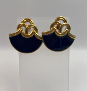 AVON Vintage Pierced Earrings Surgical Steel Posts Navy Blue & Gold 90’s Jewelry - Picture 1 of 7