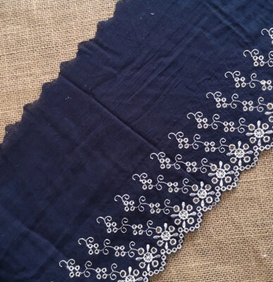 5y 7.5'' Wide Dark Blue Cotton Febric/Embroidered White Flower Lace Trim b0361 - Image 1 of 2