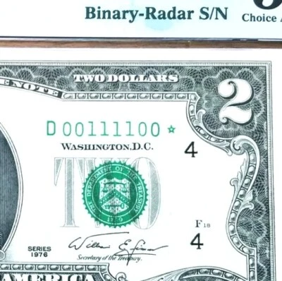 FANCY TRUE BINARY RADAR STAR # 00111100* serial number $2 PMG 58 EPQ series 1976 - Image 1 of 2