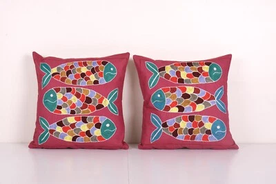 Tashkent Suzani Fish Pillow Case Made from a 19th Century Suzani - Set of Two - Image 1 of 4