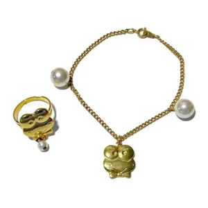 Sanrio Kero Keroppi The Frog Bracelet and Ring Set Gold Tone Pearls Kawaii Cute - Picture 1 of 11