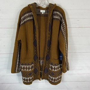 Lucky Brand Womens Hooded Open Front Cardigan Sweater XL Brown Geometric Print - Picture 1 of 12
