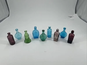Lot 9 Vtg Mini Bitters Color Glass Bottles 3-3.25" Purple Green Blue - Picture 1 of 19