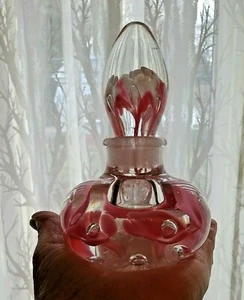 Vintage Joe Rice Blown Art Glass Pink Floral Perfume Bottle Controlled Bubbles - Picture 1 of 12