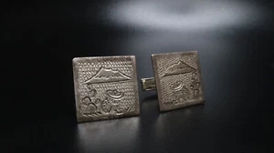 Gemelos vintage de plata esterlina México Siesta Man Cactus Montañas - Imagen 1 de 4