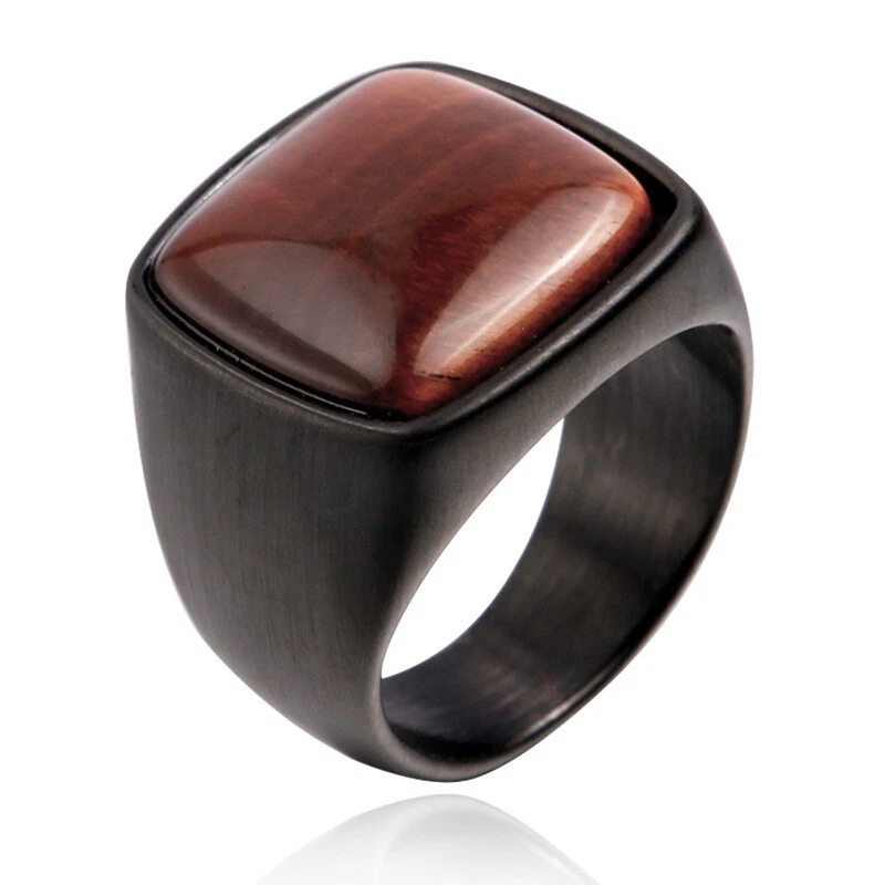 Anillo de boda cuadrado piedra café para hombre vintage acero inoxidable negro talla 6-15 Foto 1 de 1