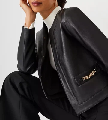 CHAQUETA CORTA ANN TAYLOR NEGRA PEQUEÑA CADENA GUIJARROS IMITACIÓN CUERO TALLA 00P Foto 1 de 4