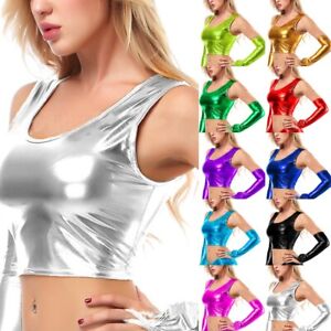 Gold Wetlook Shiny Faux Leather Tank Tops Crop Top Dance Club Vest Lingerie