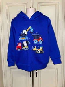NWOT Kids Headquarters Blue Sweatshirt w/hood, w/Construction Vehicles LS Sz 5 - Picture 1 of 8