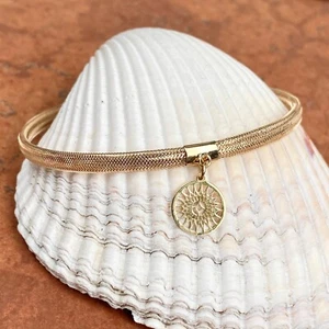 14KT Yellow Gold Polished Mesh Stretch Bangle Bracelet with Sun Charm NEW SlipOn - Picture 1 of 9
