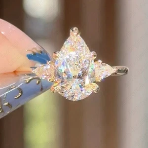 2.20Tcw Pear Cut Moissanite Three-Stone Engagement Ring In Solid 14K Yellow Gold - Picture 1 of 13