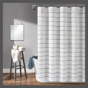 Lush Decor Ombre Stripe Cotton Blend Shower Curtain 72x72", White/Navy - Picture 1 of 5