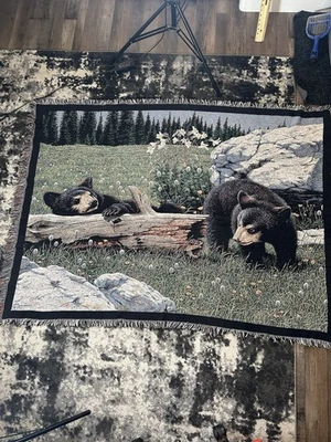 Manta vintage tapiz flecos osos negros bordada naturaleza 49x69 Foto 1 de 4