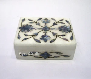 Blue MOP Inlay Work Earring Box Rectangle White Marble Jewelry Box 4 x 3 Inches - Picture 1 of 6