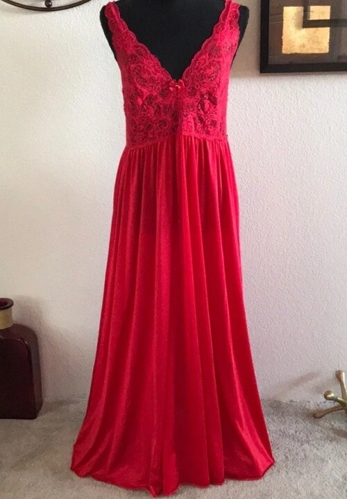 Red Full Sweep Olga Esque Shadowline Long Maxi Nightgown Slip Dress Lingerie - Image 1 of 4