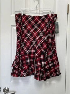 NWT Lauren Ralph Lauren Size L Red Tartan Plaid Side Wrap Ruffled Hem Skirt - Picture 1 of 9