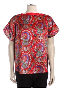 Blusa de satén vintage Yolande talla S, cachemira roja, manga corta, cuello barco - Imagen 1 de 11