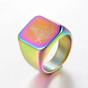 Rainbow Color Freemason Wedding Ring Titanium Men's Masonic Biker Signet Ring - Picture 1 of 4