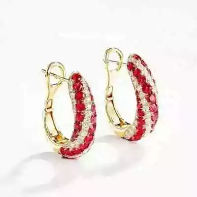 2CT Round Cut Lab-Created Red Ruby Huggies Hoop Earrings 14K Yellow Gold Plated - Image 1 of 4