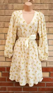 VILA CREAM YELLOW DAISY FLORAL TEXTURED LONG SLEEVE SMOCK A LINE DRESS 8 10 S - Picture 1 of 8