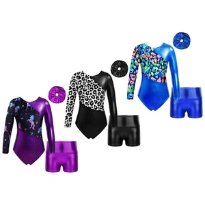 Kids Girls Suit Dancing Outfits 3Pcs Set Metallic High Waist Short Dancewear - Picture 1 of 41