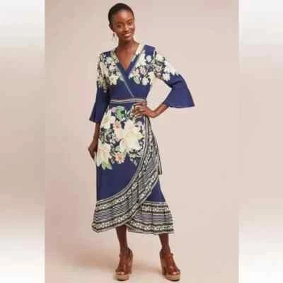 FARM RIO de Janeiro Midnight Flower Eyelet True Wrap Dress XS 0/2  Anthropologie - Image 1 of 4