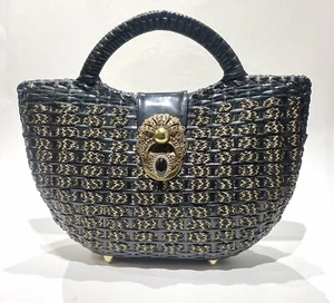Vintage Roberto Ricci Firenze schwarz gold beschichtet Rattan Korb Handtasche Geldbeutel - Bild 1 von 8