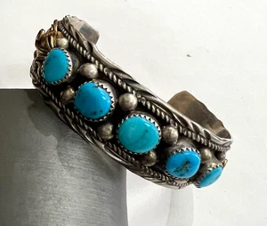 VINTAGE NAVAJO JAMESON LEE TURQUOISE & STERLING SILVER CUFF BRACELET 6 1/2" - Picture 1 of 7
