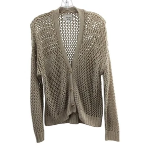 Stone & Sky Open Knit Cardigan Wmn's Sz L Tan/Gold Button up Long Sleeve Sweater - Picture 1 of 10