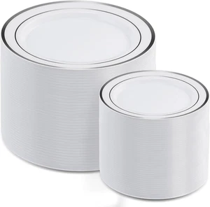 200Pcs Silver Plastic Plates, Disposable Plastic Party Plates for Party, Wedding - Picture 1 of 12