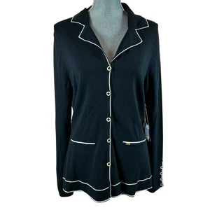 Tesori Sweater Jacket Blazer Cardigan Womens Sz L Black White Trim Button Up NOS - Picture 1 of 17