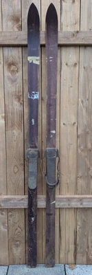 Antique Vintage Wooden Brown Snow Skis 77" Long with Leather and Metal Bindings - Image 1 of 4