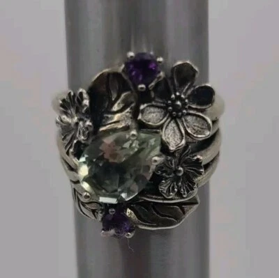 ISRAEL STERLING SILVER 925 FLORAL  BLUE TOPAZ AMETHYST GEMSTONE RING SZ 6 - Image 1 of 4