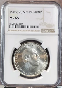 1966 68 SPAIN SILVER 100 PESETAS FRANCISCO FRANCO NGC MS 65 SMOOTH GEM LUSTER - Picture 1 of 3
