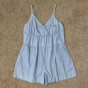 BCBGeneration Romper Womens Small Blue Chambray Cotton Surplice Denim Jumpsuit - Picture 1 of 18