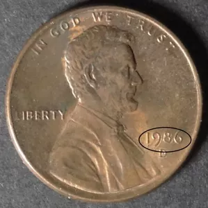 1986 D, Lincoln 1 Cent, Error - Double Strike Date - Picture 1 of 3