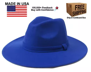 SOMBRERO DE FIELTRO DE MEZCLA DE ALGODÓN ROYAL BLUE FEDORA PANAMA VAQUERO ALA ANCHA - Imagen 1 de 1