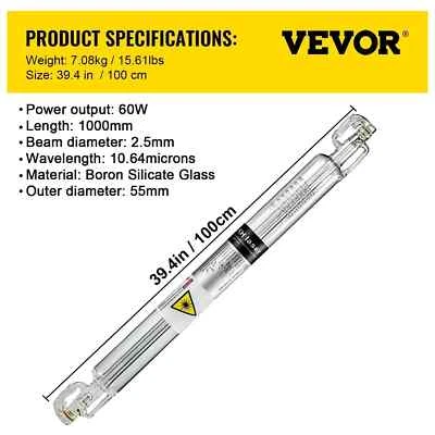 VEVOR CO2 Laserröhre für Lasergravur- und Schneiden Maschine 60W Glas Laser Rohr