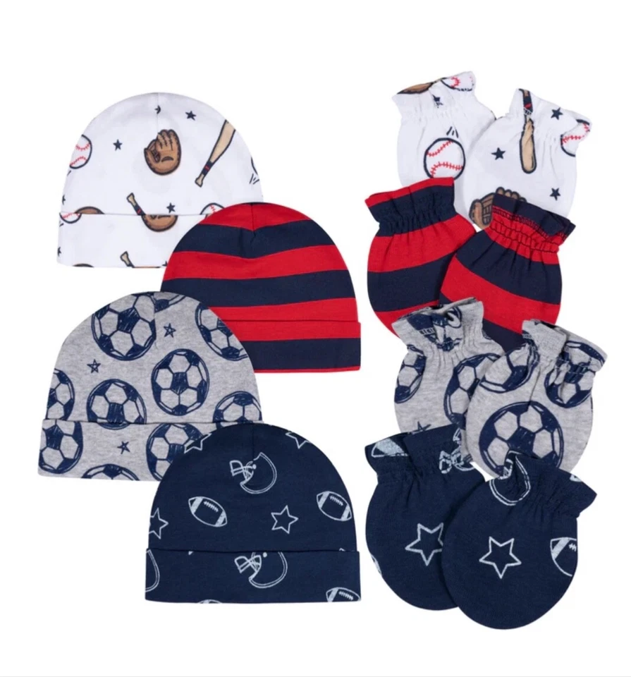 Gerber Baby Boys 8 Piece All Star Mittens & Caps Set Size Newborn NEW Sports - Image 1 of 1