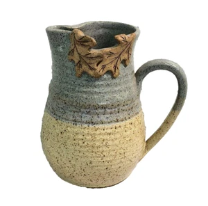 Studio Art Pottery Applied Leaf Pitcher Blue Tan 48 Oz Wheel Thrown Signed - Picture 1 of 6