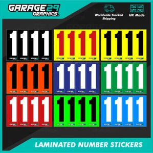 KARTING NUMBER STICKERS - 77MM X 175MM PACK OF 4 LAMINATED RECTANGULAR STICKERS - Picture 1 of 11