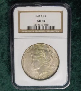 1925 S NGC AU58 Peace Silver Dollar, Semi Key Date, Certified USA Silver $1 Coin - Picture 1 of 6
